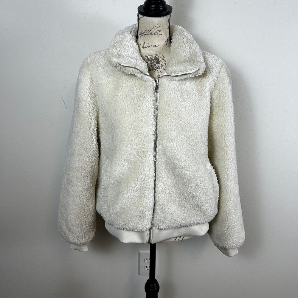 LOFT Faux Fur Teddy Jacket Womens Large Ivory White Sherpa Fleece Full Zip